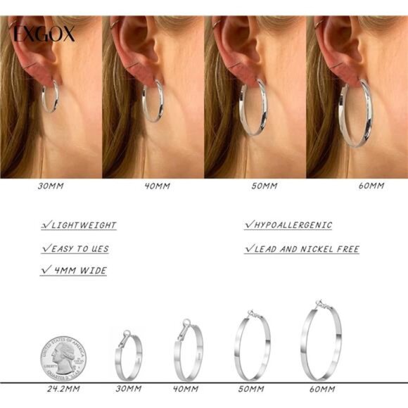 4MM Wide Silver Hoop Earrings for Women Sterling Silver Large Hoop Earrings - Picture 4 of 7